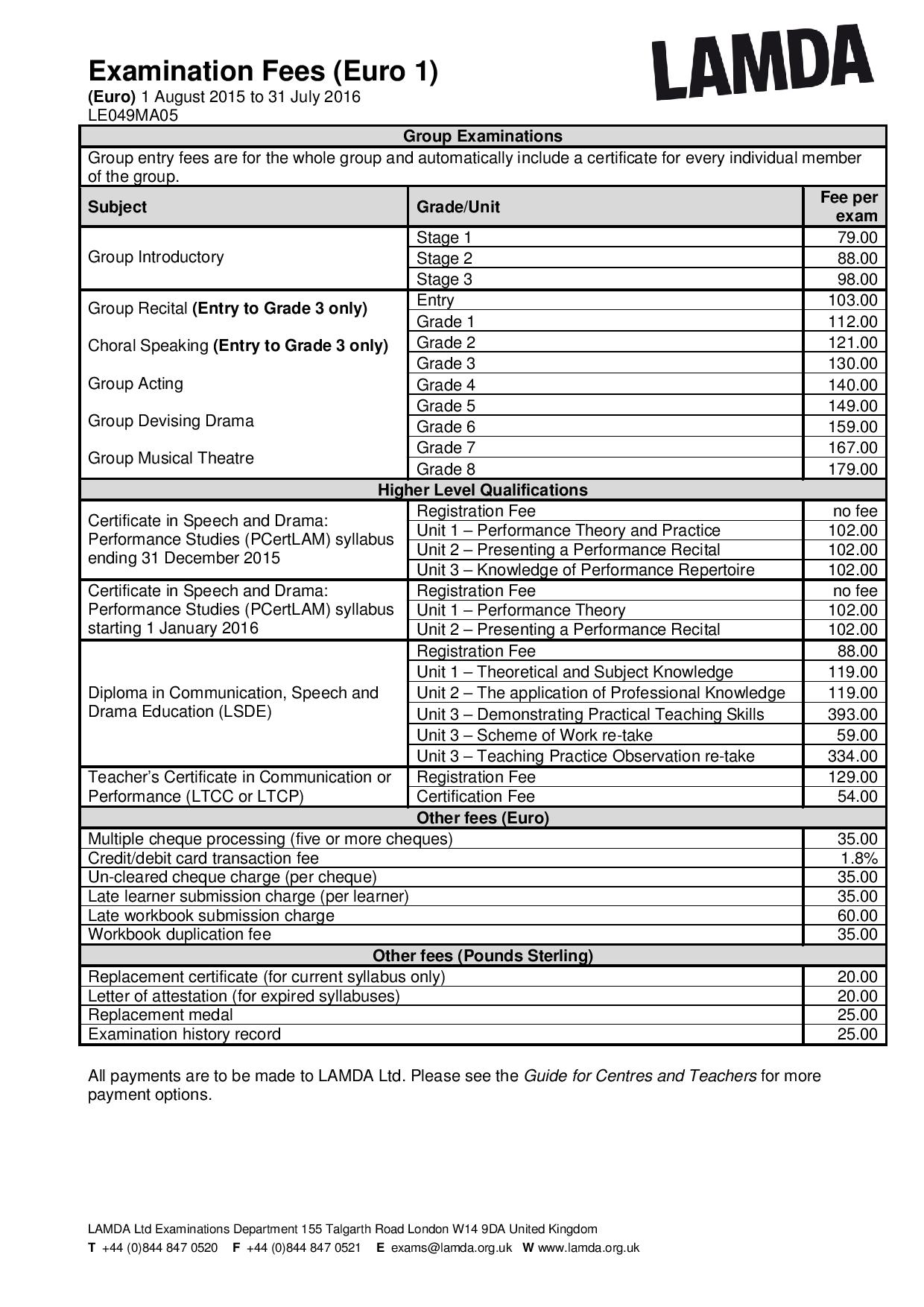 Montfort College LAMDA Pricing