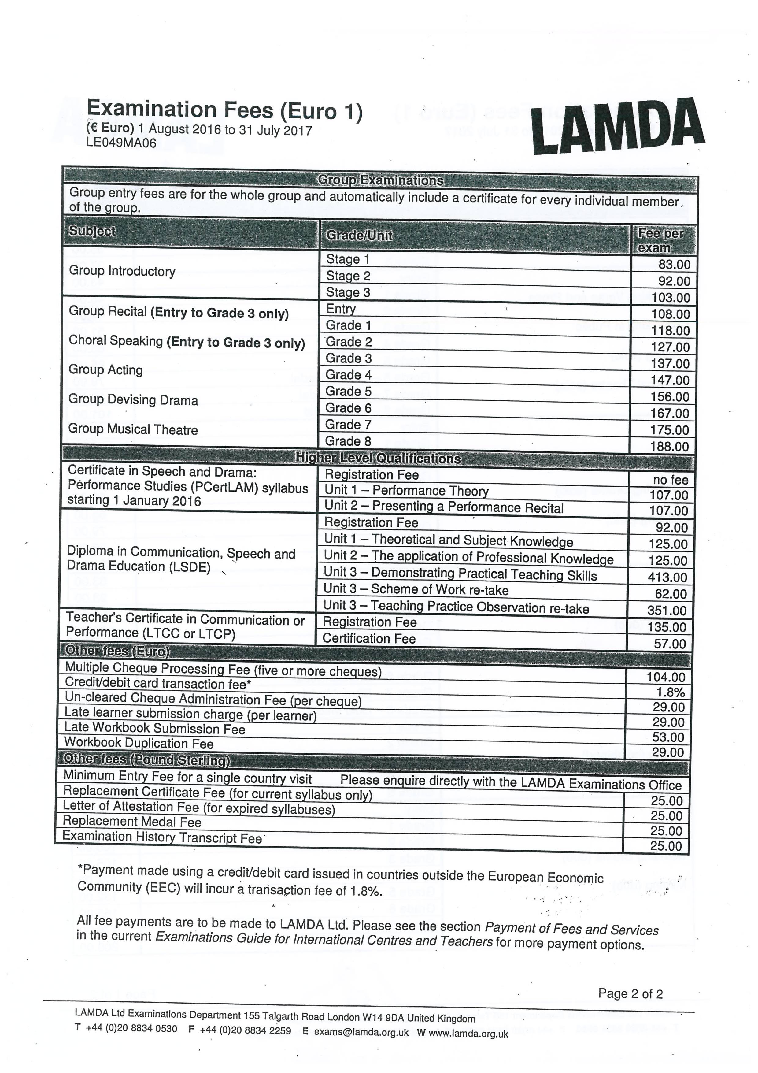 Montfort College LAMDA Pricing