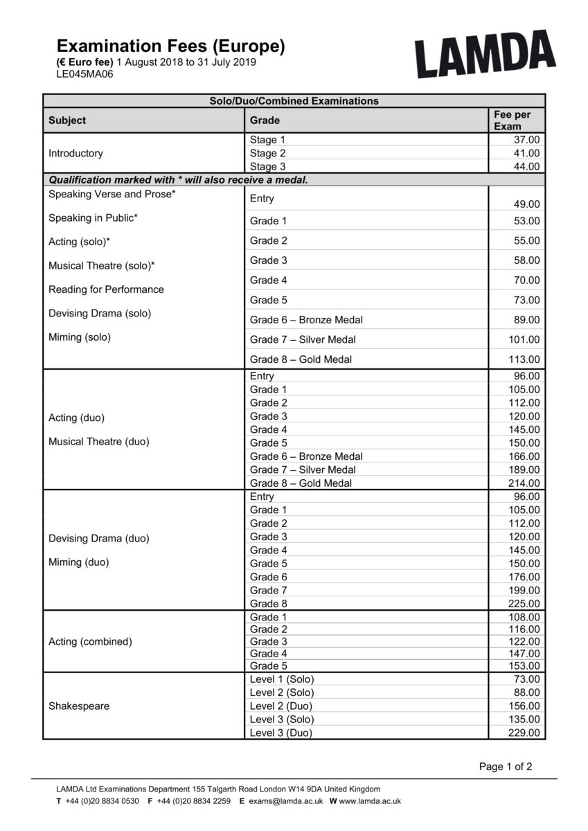 Montfort College LAMDA Pricing