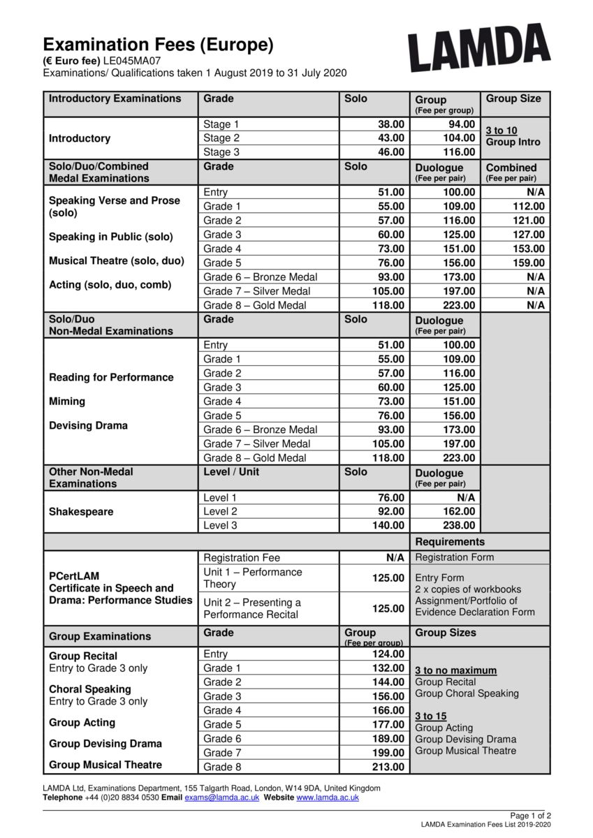 Montfort College LAMDA Pricing